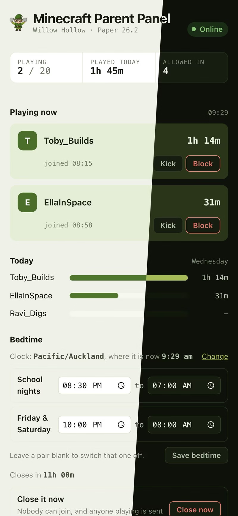 The parent panel on a phone, showing two children currently playing, playtime for each of them today, and a bedtime schedule