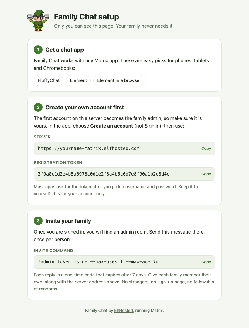 The Family Chat setup page, showing the server address, a registration token and the invite command