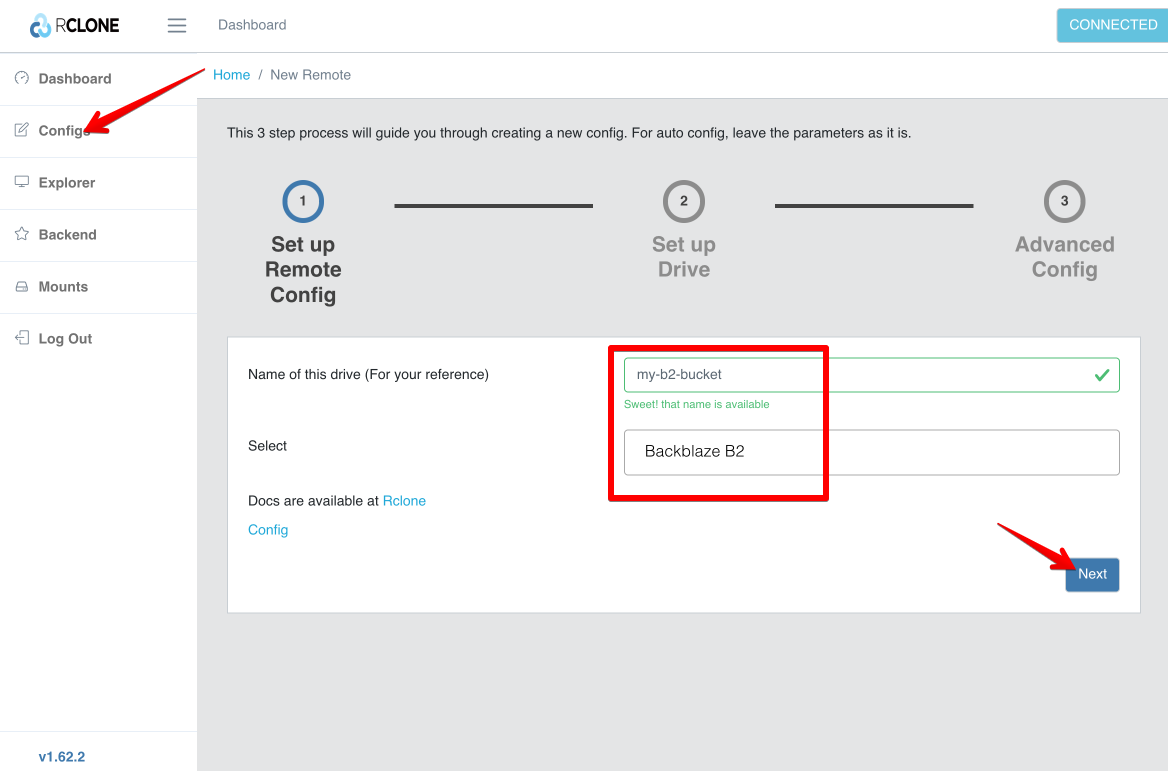 Screenshot of Rclone UI adding new remote step 1