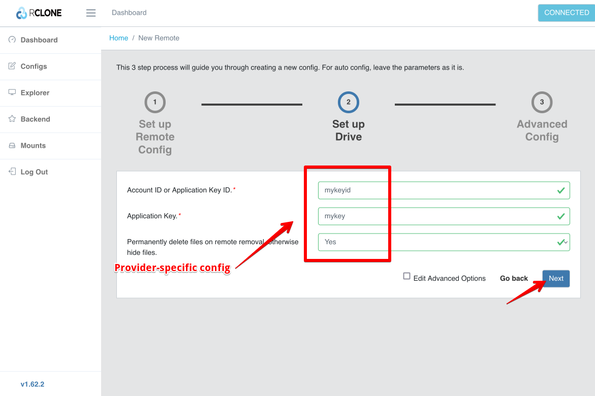 Screenshot of Rclone UI adding new remote step 2