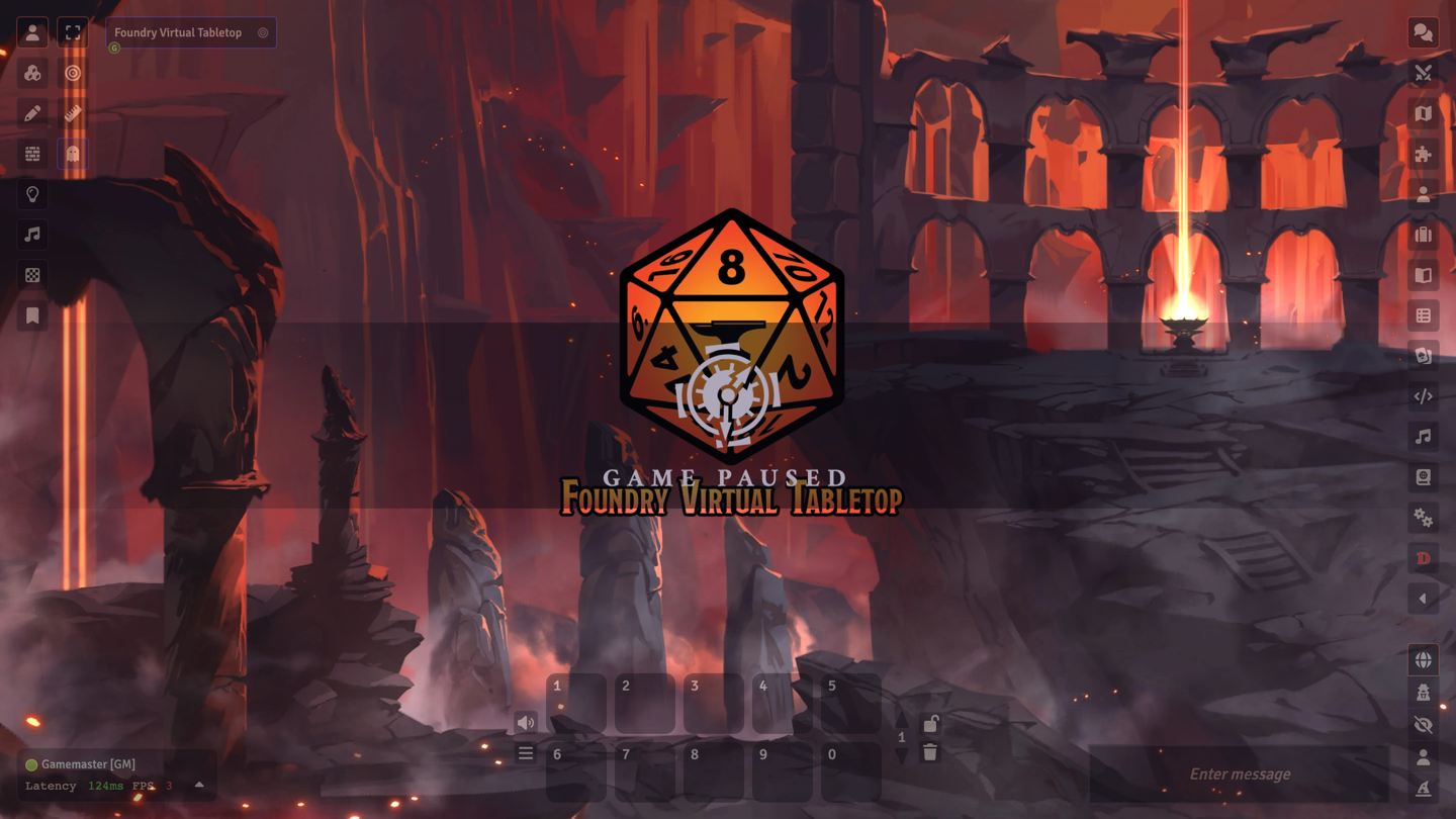 Foundry Virtual Tabletop running a lit scene, with the gamemaster toolbars, scene controls, dice hotbar and chat panel around the edges