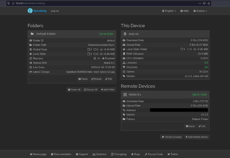 Screenshot of Syncthing